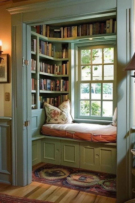 Books In Decor, Window Seat Library Nook, Cottage Space Saving Ideas, Elevated Reading Nook, Small In House Library, Cute Home Library Ideas, Upstairs Reading Nook, Book Nook Built In, Cosy Bedroom Corner