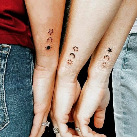 Three Person Tattoo Family, Matching Tattoo Sisters, 3 Person Tattoo, Siblings Tattoo, Moon Sun And Stars, Matching Tattoos For Siblings, Maching Tattoos, Matching Friend Tattoos, Tattoo Moon