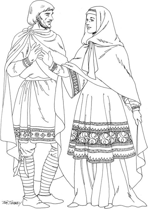 Anglo-Saxon nobleman is wearing an embroidered tunic/ bliaud over a chemise with embroidered sherte (the word shirt comes from it), a chemise type garment with sleeves, mantle, cross-gartered breeches. Right: noblewoman wears embroidered bliaud over chemise with cuffs. she wears mantle and headrail. fitted waist by lacings down the back. 11th C AD Anglo Saxon Art, Saxon Clothing, Anglo Saxon Clothing, Saxon History, Tom Tierney, Medieval Clothes, Medieval Woman, Word Shirts, Medieval Costume