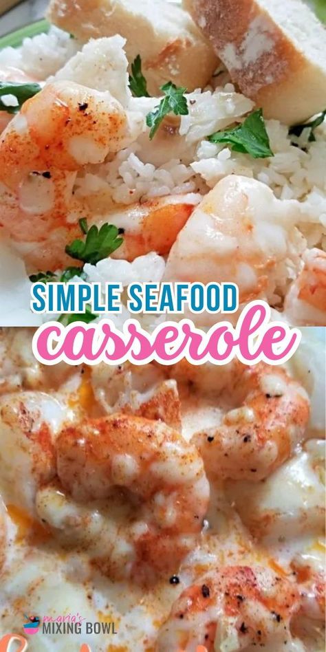 Simple Seafood Casserole is the simplest yet our favorite seafood casserole. Haddock, shrimp, garlic, butter, cream, and Swiss cheese are all combined and baked to melted perfection. Baked Haddock And Shrimp Recipes, Seafood Bake Casserole, Cheesy Shrimp Casserole, Oven Baked Shrimp Casserole, Simple Seafood Casserole, Baked Stuff Shrimp Casserole, Oven Baked Shrimp Casserole With Cheese, Mixed Seafood Recipe, Seafood Casserole Recipes