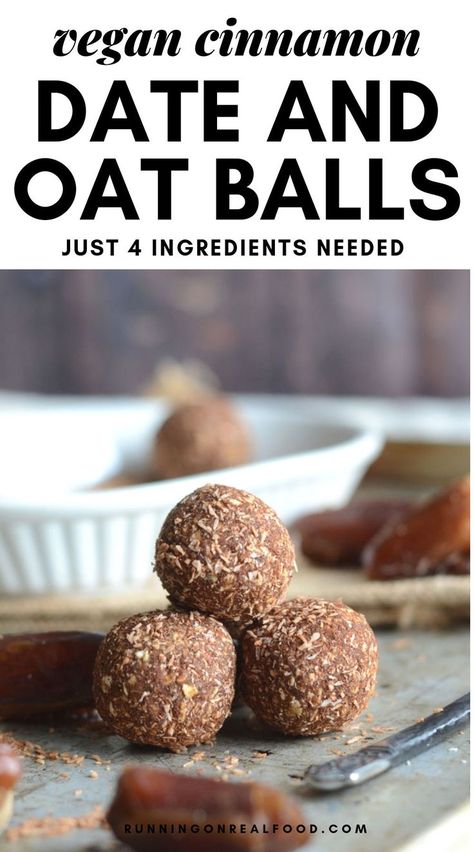 These delicious, low-fat cinnamon energy balls require just 4 simple ingredients to make: medjool dates, oats, maple syrup and cinnamon. Loads of cinnamon flavour pairs perfectly with sea salt and hints of caramel from fresh, soft medjool dates. #runningonrealfood #energyballs #veganenergybites Oat Balls, Vegan Energy Balls, Banana Nice Cream, Energy Ball Recipe, Healthy Sweet Treats, Medjool Dates, Energy Bites, Energy Balls, Healthy Sweets