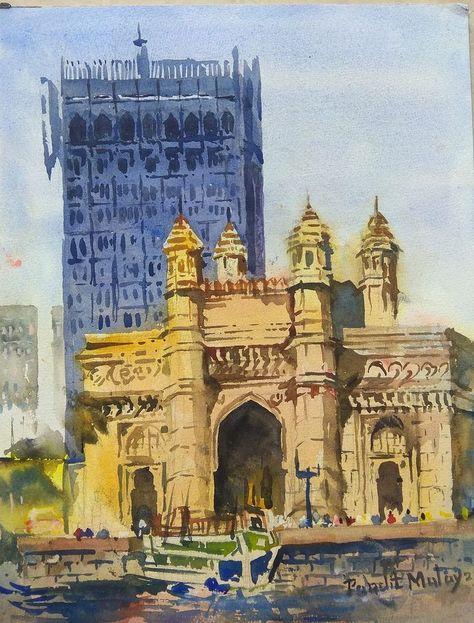 Gateway of India (Mumbai) Mumbai Painting, Gateway Of India Mumbai, Gateway Of India, Art Composition, Dreamy Artwork, Junior Year, Sense Of Place, Water Painting, Commission Art