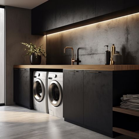 Laundry Room Wall Paint, Moody Laundry Room, Black Laundry Room, Room Wall Paint, Elegant Laundry Room, White Laundry Room, Contemporary Laundry Room, Black Laundry, Laundry Room Wall