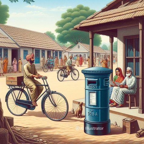 An Indian Village - Illustration !!! #illustration #Indian #village #old #nostalgia #postoffice #postman #retro #style #bicycle #posts #hashtag #instagood #instalike #instamood #instagram #calm #unique #ai_illustr8 #aiart #artworkbyai #concept Indian Village Illustration, Village Illustration, Illustration Indian, Figure Sketches, Human Figure Sketches, Village Photography, Indian Village, Figure Sketching, Motion Graphic