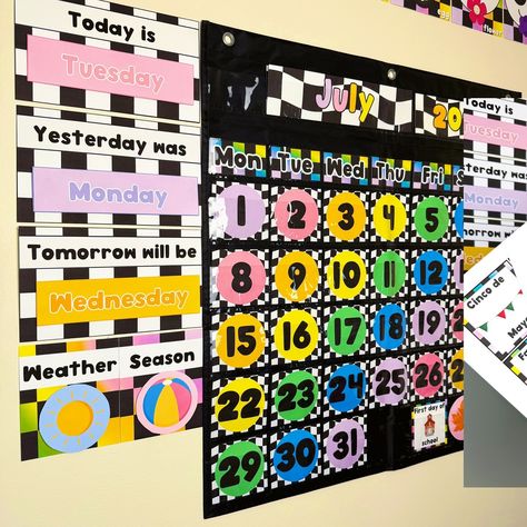 Kaleidoscope Calendar 🌈 Am loving creating this bright and checkered decor set!! It has been slow on my end for resource creation because this tired teacher has needed recoup time but slowly and surely she’s coming together! This calendar resource is text editable (font embedded) and comes with a ready to print file! It’s perfect for a pocket chart calendar or even Velcro calendar friendly. Back to school is almost here for Ontario teachers but that is not stopping me from fully enjoyin... Pocket Chart Calendar, Teacher Tired, Checkered Decor, Weather Seasons, Pocket Chart, Ontario, Back To School, Quick Saves