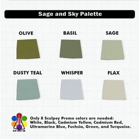 Polymer Clay Color Mixing Recipes, Color Mixing Recipes, Polymer Clay Color Mixing, Sky Palette, Clay Color Mixing, Polymer Clay Recipe, Dusty Teal, Clay Color, Green Clay