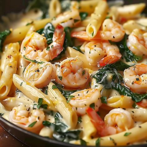 Quick and easy Cheese Shrimp Penne Pasta with Spinach—creamy, flavorful, and perfect for a weeknight dinner. Ready in 30 minutes! Spicy Creamy Shrimp Pasta, Penne Shrimp Pasta, Shrimp Penne Pasta Recipes, Shrimp Alfredo With Spinach, Cheese Shrimp Penne Pasta, Shrimp And Spinach Pasta, Easy Penne Pasta Recipes, Shrimp Tortellini, Pasta And Spinach