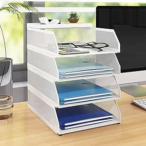 Natwind 4-Tier Stackable Paper Tray, Metal Mesh Desktop Organizer, Paper Sorter, Letter Trays,File Document Storage Rack for for Home, Office, School (White) Desk Trays, Shape Transformation, Paper Sorter, Desktop File Organizer, Literature Organizer, Storage Office, Office Organizer, Letter Tray, Desk Tray