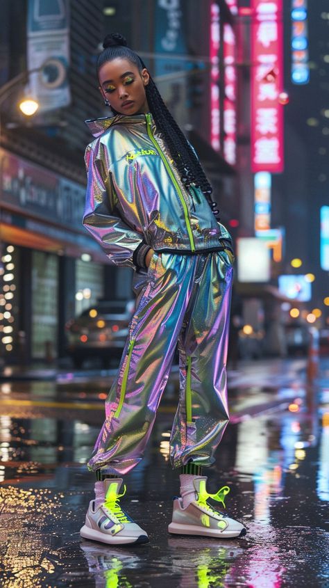 Futuristic streetwear-inspired outfit featuring a holographic bomber jacket, smart-fabric joggers, and neon sneakers, worn by a model in a vibrant urban setting. Dynamic angles showcase high-tech details. --v 6 --ar 9:16 Body Shape Guide Rectangle, Neon Punk Fashion, Neon Streetwear, Futuristic Streetwear, Body Shape Guide, Smart Fabric, Neon Sneakers, Rectangle Body Shape, Hourglass Body Shape