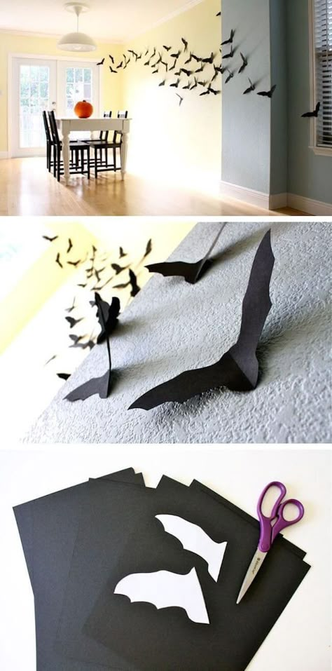 Bats Fly with Paper Cutouts | DIY Indoor Halloween Decorating Ideas Halloween Decor Diy Indoor, Cheap Halloween Diy, Diy Halloween Dekoration, Diy Halloween Party, Cheap Diy Halloween Decorations, Dekorasi Halloween, Uhyggelig Halloween, Halloween Party Decor Diy, Halloween Decor Diy