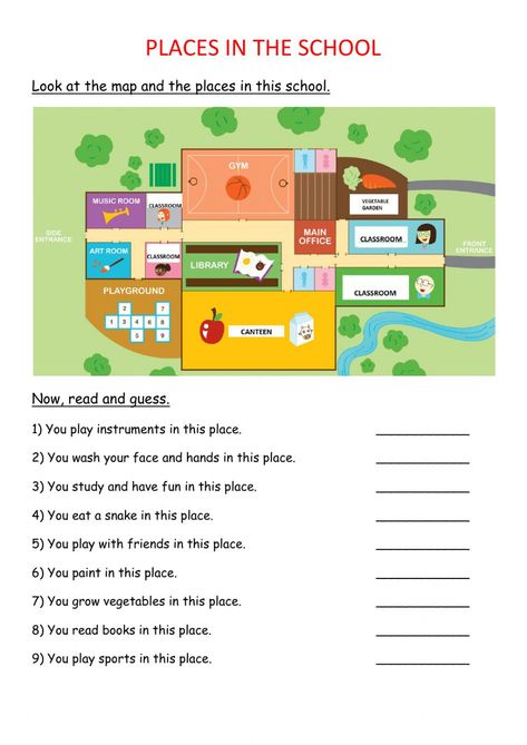 Places in the school - Interactive worksheet Telling Direction Worksheet, Things In School Worksheets, Places In The Community Worksheet, Things In The House Worksheet, Places In A House Worksheet, Rooms In The House Worksheet, Place Worksheet, Learn To Read English, Worksheet For Class 2