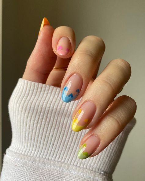 French Tip Nails With Hearts, Colorful French Tip Nails, Nails With Hearts, Adorable Nails, Oval Nail, Oval Nails Designs, Pride Nails, Ring Finger Nails, Nails Colorful