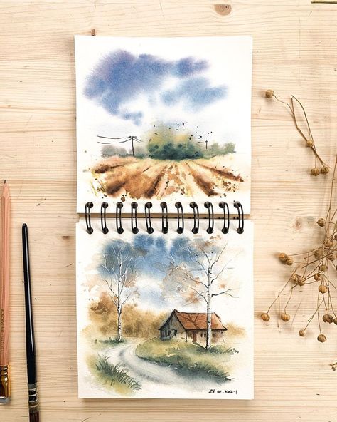 Jowita Kawecki on Instagram: “Spent the whole day working on a big project! Can’t wait to tell you about it soon 💚⠀⠀⠀⠀⠀⠀⠀⠀⠀⠀⠀⠀⠀⠀⠀⠀⠀⠀⠀⠀⠀⠀⠀⠀⠀⠀⠀⠀⠀⠀⠀⠀⠀⠀⠀⠀⠀⠀⠀ ▪️Watercolors…” Reference Photos For Watercolor Painting, Watercolor Toturial, Watercolor Scenery Landscape Paintings, Watercolor Art Paintings Landscape, Vintage Watercolor Paintings, Watercolour Painting Landscape, Watercolor Scenes, Postcard Watercolor, Watercolor Postcards