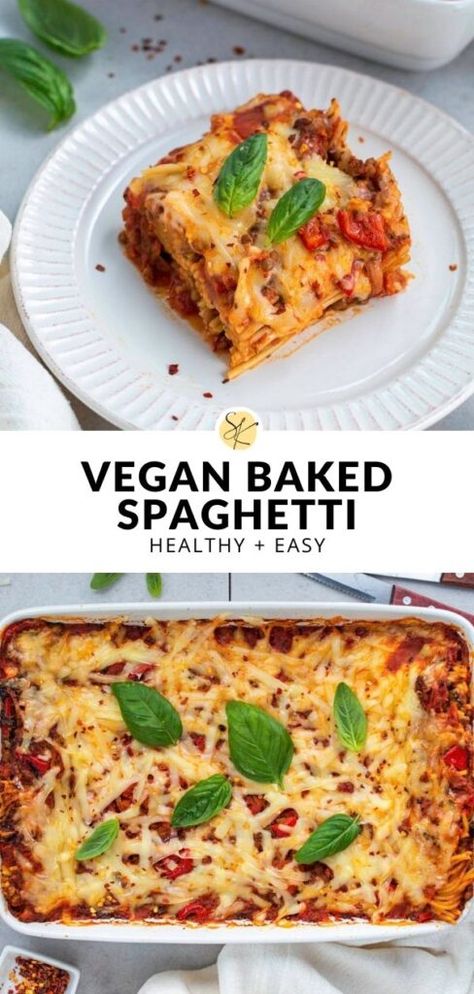 Easy Vegan Pasta Bake, Baked Spaghetti Dairy Free, Easy Vegan Italian Recipes, Vegan Baked Spaghetti Recipe, Dairy Free Baked Spaghetti, Vegan Winter Dinner Recipes, Vegan Pasta Casserole, Vegan Spaghetti Recipes, Vegan Baked Spaghetti