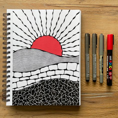 Black and white drawing of hills with different patterns, and a red sun going down behind the hills Red And Black Drawings Easy, Black Drawings Easy, Red And Black Drawings, Landscape Easy Drawing, Landscape Drawing Easy, Mandala Drawings, Small Drawing, Pen Art Work, 2024 Ideas