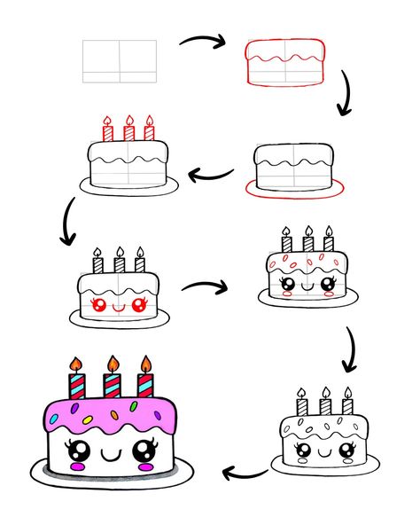 Cute birthday cake Easy Birthday Cake Drawing, Easy Food Drawings, Cute Birthday Cake Drawing, Cake Drawing For Kids, How To Draw Cake, Cake Drawing Easy, Kawaii Birthday Cake, Birthday Cake Drawing, Cute Birthday Cake