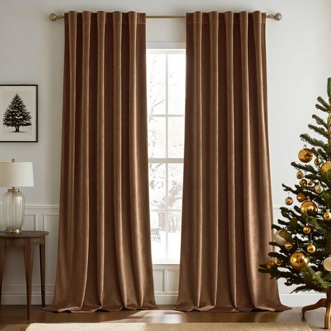 PRICES MAY VARY. WELL MADE: Package includes 2 panels high-quality velvet curtains. Each curtain panel measures 52 inches wide and 102 inches long. They can be easily matched with different decoration themes to give your room a modern and elegant style. HANGING OPTIONS: Each curtain panel features a 2-in-1 top style design: BACK TAB and ROD POCKET. With 3-inch inner diameter pocket opening, velvet curtains fit most standard rod. And they can also be hung with clip rings. 3 ways to meet your vari Bedroom With Brown Curtains, Brown Velvet Curtains Living Room, Cognac Curtains, Satin Curtains Bedroom, Living Room Decor Windows, Moody Bedroom Window Treatments, French Bedroom Curtains, Brown Velvet Curtains Bedroom, Light Brown Curtains Living Room