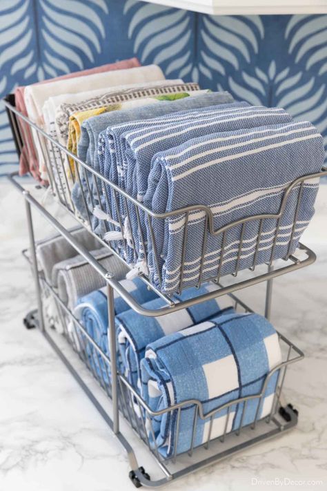 Dish Towel Storage, Under Sink Storage Ideas, Kitchen Towels Storage, Organize Kitchen Sink, Cabinet Organization Ideas, Under The Kitchen Sink, Kitchen Cabinet Organization Ideas, Driven By Decor, Kitchen Sink Storage