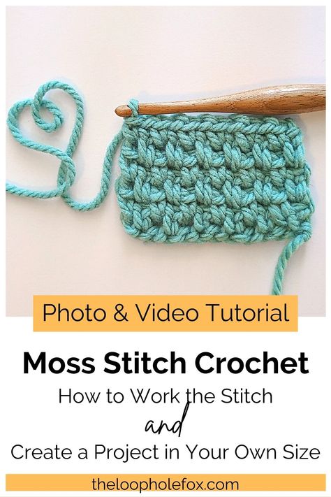 The Moss Stitch (also known as the Linen Stitch or Granite Stitch) is a lovely crochet stitch that creates a beautiful woven texture and a stretchy fabric. This easy crochet stitch works up fast and is great for any number of projects. Learn how to work this stitch with a photo and video tutorial - and learn how to create your own project size by using a gauge swatch. Happy Crocheting! Moss Crochet Stitch, Moss Crochet, Crochet Moss Stitch, Moss Stitch Crochet, Crochet Moss, Crochet Blanket Pattern Easy, Crochet Afghan Patterns Free, Crochet Stitches Guide, Easy Crochet Baby Blanket