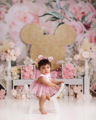 Ontario Maternity Photographer | Anything Goes Photography Minnie Mouse Cake Smash, Pink Gold Cake, White Photoshoot, Wood Props, Mouse Photos, 1st Birthday Photoshoot, Minnie Mouse Cake, Pink Minnie, Gold Cake