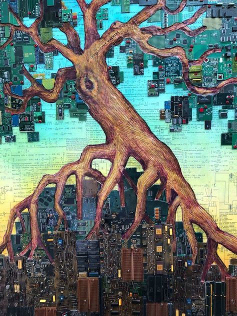 Circuit board art by Gregory Arth, seen at The Woodlands Waterway Art Festival Old Technology Art, Technology Aesthetic Art, Nature And Technology Art, Art About Technology, Man Vs Nature Art, Yarn Collage, Circuitry Art, Motherboard Art, Circuit Board Art