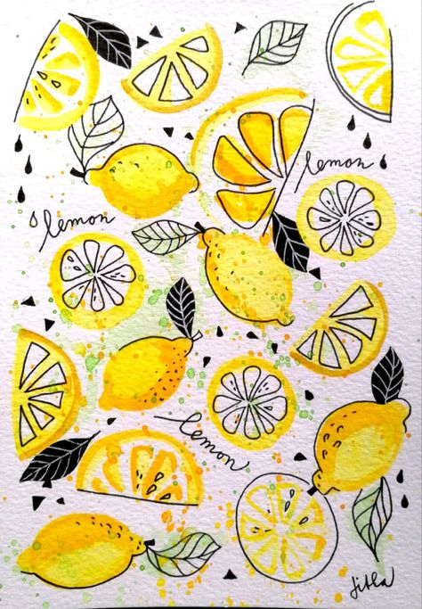 Lemon Pictures Drawing, Watercolor Art Lemon, Lemon Art Drawing, Watercolor Lemon Slice, Drawing Lemons, Fruits Watercolor Painting, Watercolor Art Fruit, Fruit Sketches, Lemonade Watercolor