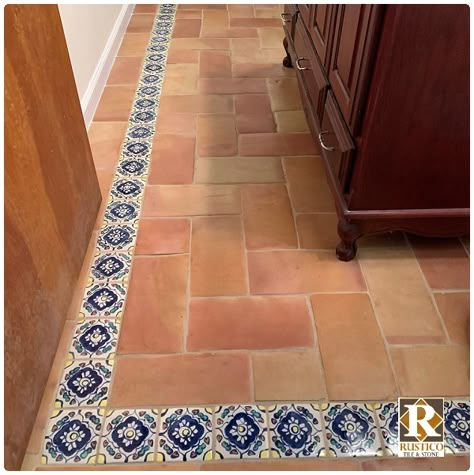 Rectangle Mexican Tile Designs | Saltillo Flooring (Photos) | Rustico Tile Saltillo Tile Transition To Wood, Spanish Floor Tiles Bathroom, Mexican Floor Tiles, Mexican Tile Floors, Mexican Interior Design Modern, Vintage Hacienda, Spanish Floor Tile, Mexican Tile Floor, Rustic Tiles