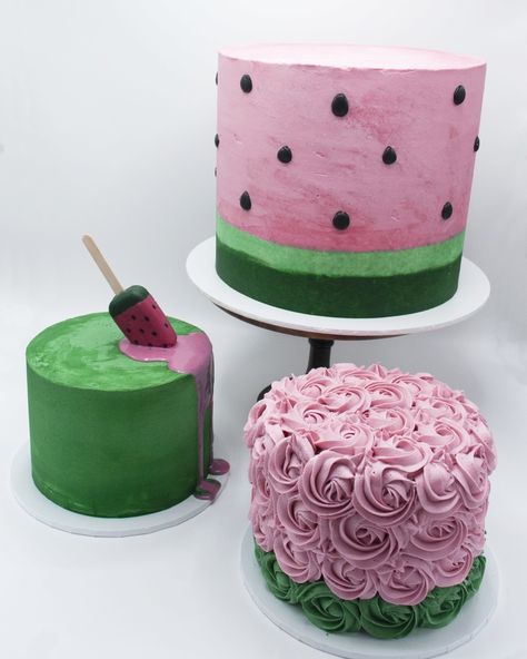 Rosette watermelon smash cake, watermelon drip smash cake, and a large watermelon cake with royal icing seeds Watermelon Smash Cake, Watermelon Smash, Cake With Royal Icing, Cake Watermelon, Food Magic, Watermelon Cake, Smash Cake, Royal Icing, Cake Smash