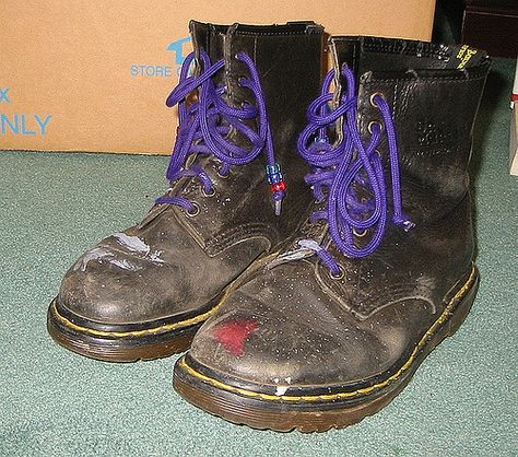 Beloved pair of shoes!  Worn to paint backdrops for one year's marching band show, and to paint the Senior Quad at my high school.  Purple laces!  So awesome! Dnd Fashion, Marching Band Shows, Purple Punk, Dm Boots, Painted Backdrops, Dr Martens Boots, Purple Outfits, Purple Lace, Marching Band