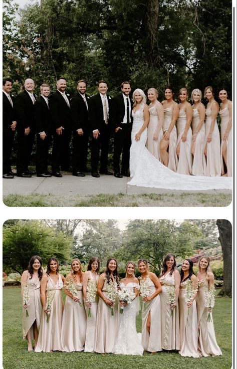 Black Suits With Champagne Ties, 8 Bridesmaids 8 Groomsmen, Bridal Party In Champagne, Formal Bridal Party, Bridal Party Champagne Dresses, Champagne Bridal Party Groomsmen, White Wedding Bridesmaids Dresses, Champagne Black And White Wedding, White Alabaster Bridesmaid Dress