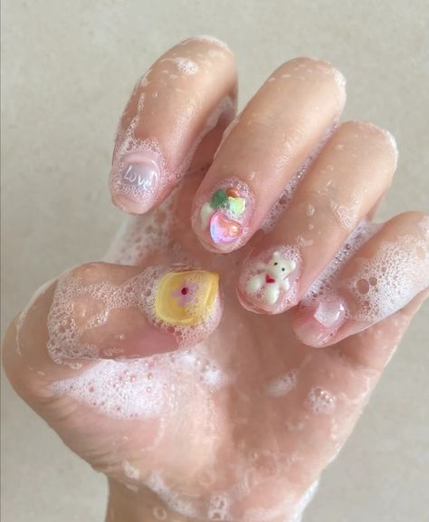 Short Nails With Charms, Chunky Nails, Nails With Charms, Nails Charms, Family Artwork, Nail Artwork, Asian Nails, Short Gel Nails, Manicure Inspiration