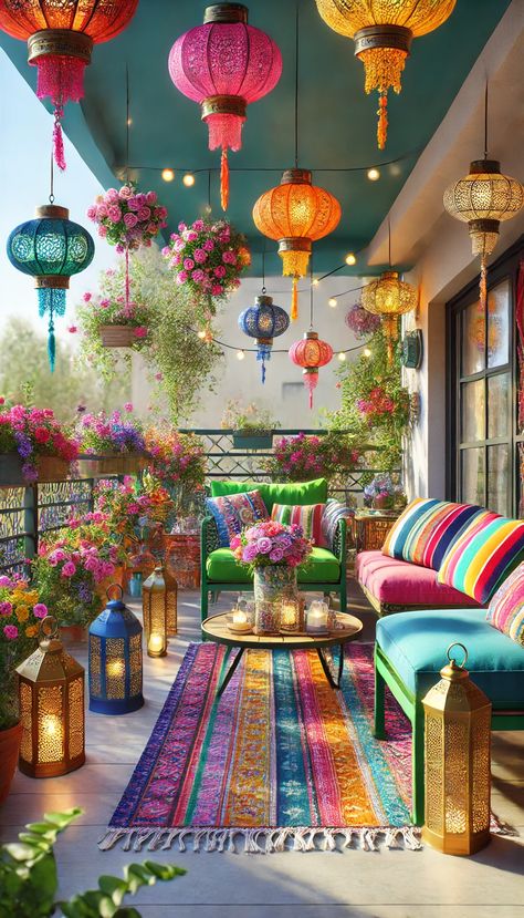 Transform Your Outdoor Space: 21 Stunning Balcony Decor Ideas You Must Try! 🌿✨ Modern Balcony Decor, Vibrant Furniture, Colorful Balcony, Tacky Decor, Rug Hanging, Turkish House, Boho Outdoor Space, White Wicker Furniture, Balcony Decor Ideas