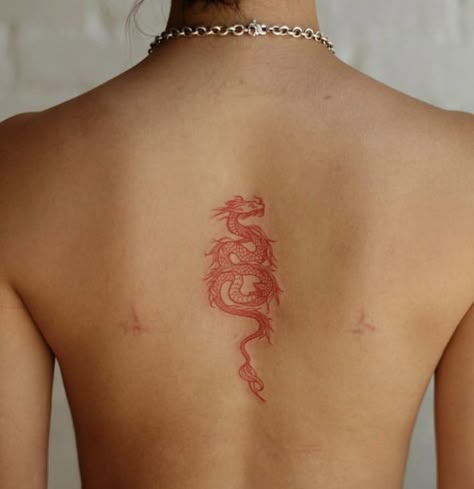 Dragon Tattoo Back, Red Dragon Tattoo, Small Dragon Tattoos, Chinese Dragon Tattoos, Dragon Tattoo For Women, Small Pretty Tattoos, Red Ink Tattoos, Spine Tattoos For Women, Tattoos Inspo