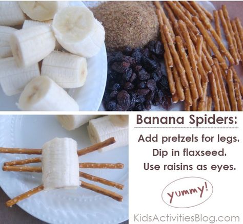 banana spiders - a healthy creepy snack.for kids Homeschool Snacks, Spider Snacks, Bug Snacks, Kids Cooking Party, Spider Activities, Spider Theme, Kids Halloween Food, Healthy School Snacks, Snack For Kids