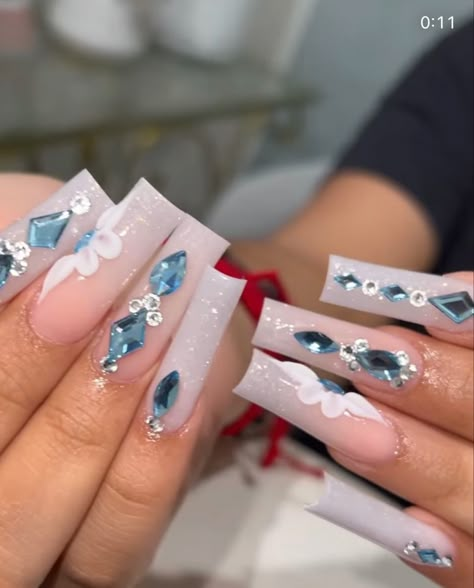 Blue Nail Inspo Acrylic Coffin, Xv Nails, Diamond Nail Designs, Quince Nails, Quinceanera Nails, Clear Acrylic Nails, Acrylic Nails At Home, Halloween Acrylic Nails, Shape Nails