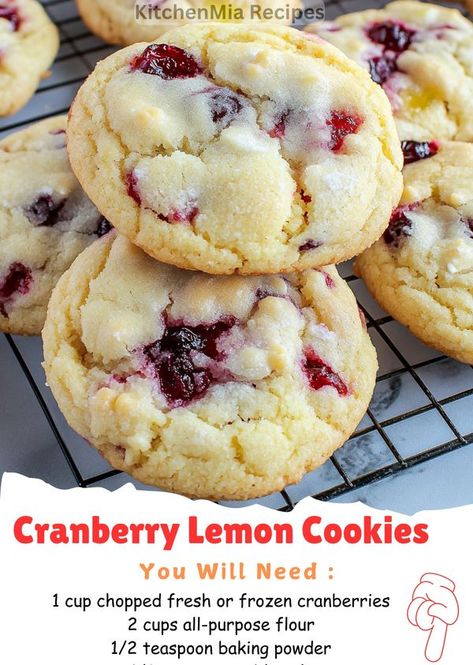 Cranberry Lemon Cookies Recipes, Cranberry Lemon Cookies, Kitchenmia Recipes, Lemon Cranberry Cookies, Cranberry Recipes Dessert, Craisin Cookies, Cranberry Cookies Recipes, Banana Oat Cookies, Cranberry Cake