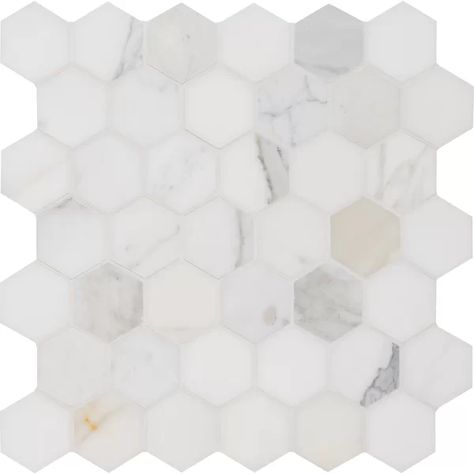 MSI Calacatta Hexagon Polished 2" x 2" Marble Mosaic Tile | Wayfair Bathroom Coastal, Stone Floors, Gold Tile, Renovation Inspiration, Cottage Bathroom, Master Bathrooms, Calacatta Gold, Porcelain Mosaic Tile, Marble Mosaic Tiles