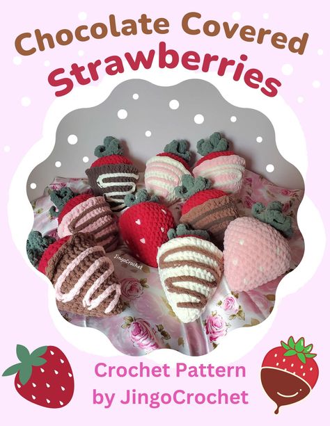 **THIS IS NOT A PHYSICAL PRODUCT THIS IS A DIGITAL PDF DOWNLOAD** This is a beginner friendly crochet pattern to make your very own strawberry plushies! This pattern includes both how to make the regular strawberry and the chocolate covered strawberry.  You may sell the items you make using this pattern, please credit me on Instagram @JingoCrochet so I can share your adorable strawberries! If you post photos of your creations using this pattern please reference me when you do (e.g. chocolate strawberry pattern by JingoCrochet)  Materials that are required to make this design: 8mm crochet hook, stitch markers, yarn needle, polyfill Blanket Yarn (super bulky weight 6) If you have any questions feel free to message me on Instagram @JingoCrochet or email me at JingoCrochet@outlook.com Strawberry Plushies, Crochet Desserts, Yarn Projects Crochet, Spindle Crafts, Food Crochet, Beginner Friendly Crochet, Unique Tools, Chocolate Covered Strawberry, Crochet Eyes