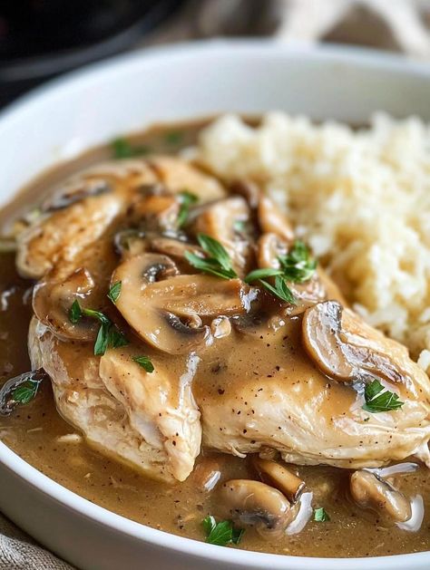 Slow Cooker Chicken with Mushroom Gravy Healthy Chicken And Gravy Crockpot, Crock Pot Chicken And Mushroom Recipes, Crock Pot Chicken And Gravy Slow Cooker, Chicken N Gravy Crockpot, Crockpot Chicken And Mushrooms, Slow Cooker Chicken Gravy, Chicken With Mushroom Gravy, Crockpot Mushrooms, Mushroom Slow Cooker