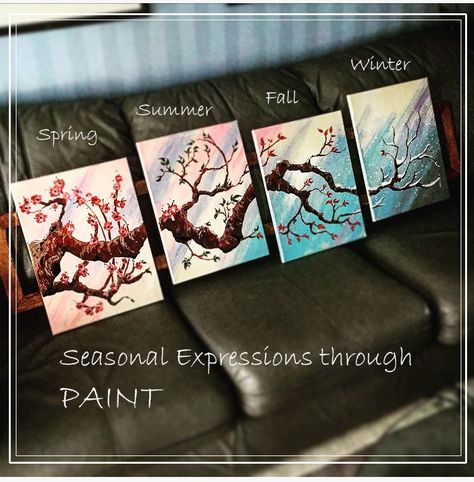 4 Piece Painting - a Walk Through the Seasons with a Cherry Tree Paintings In 3 Pieces, 4 Seasons Canvas Painting, Diy Multiple Canvas Art, Painting Four Seasons, Four Seasons Painting Canvases, Set Of 4 Canvas Painting Ideas, 4 Paintings Set Ideas, Four Seasons Painting, Seasons Painting