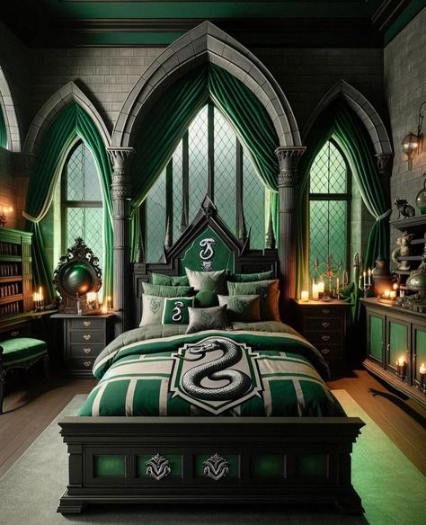 Slytherin Common Room Bedroom, Slytherin Inspired Bedroom, Slytherin Bedroom, Slytherin Common Room, Inspired Bedroom, Slytherin House, Common Room, Hogwarts School, Awesome Bedrooms