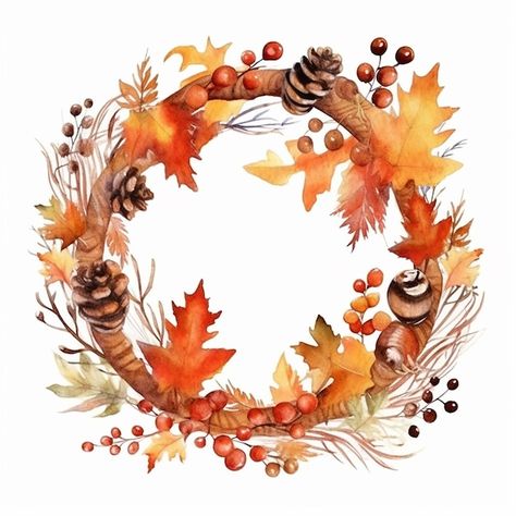 Autum Flowers Illustration, Fall Wreath Printable Free, Autumn Leaves Wreath, October Pictures, Woodland Clipart, Wreath Clip Art, Frame Watercolor, Autumn Watercolor, Leaves Wreath