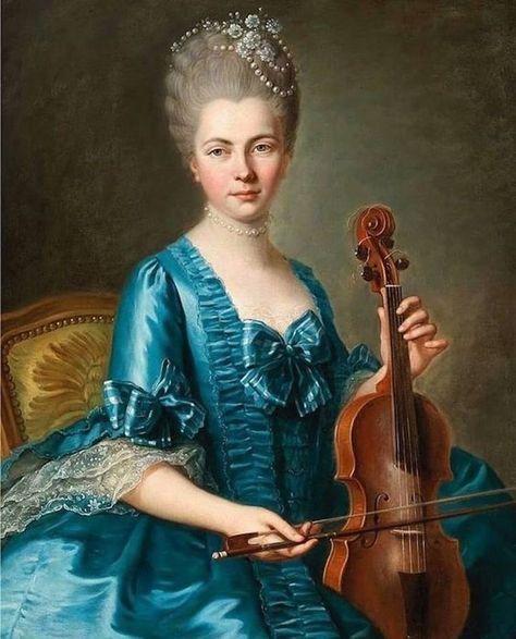 ca. 1770 Young lady in a light-blue silk dress playing a violin by ? (location ?). From pinterest.com/gabrielleleaud/18th-century/women/; enlarged by half. Playing A Violin, Jean Antoine Watteau, 18th Century Portraits, 18th Century Women, Rococo Art, 18th Century Dress, Rococo Fashion, 18th Century Paintings, 18th Century Costume