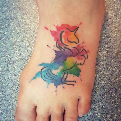 watercolour unicorn tattoo Watercolor Unicorn Tattoo, Unicorn Tattoo Ideas, Watercolour Unicorn, Unicorn Tattoo Designs, Unicorn Water, Unicorn Tattoo, Rainbow Tattoos, Unicorn Tattoos, Rosen Tattoo