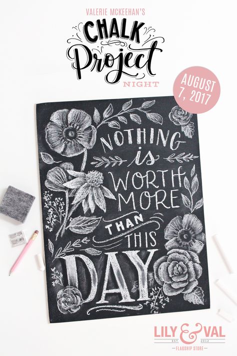 The first Lily & Val Chalk Project Night will be held on August 7th, 2017 in Pittsburgh! Chalk Art Signs, Crayola Chalk, Lily And Val, Chalkboard Lettering, Silhouette Cameo Tutorials, Flower Illustrations, Chalk Lettering, Learn Calligraphy, Hand Lettering Quotes