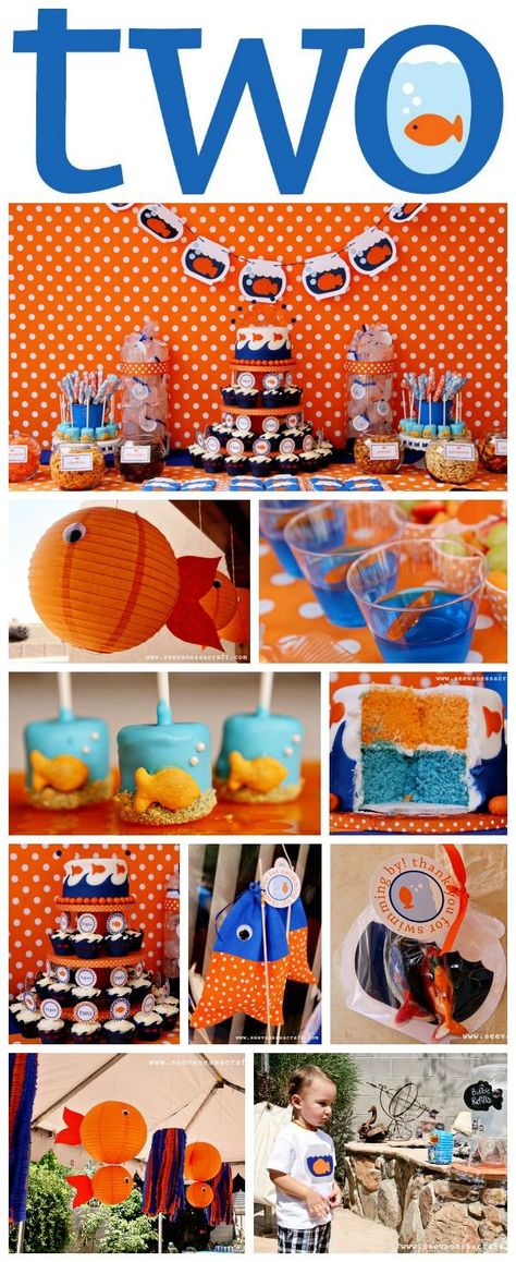 This is the cutest fish themed birthday party ever! Kids will love it! Goldfish Themed Birthday Party, Goldfish Birthday Party, Fish Themed Birthday Party, Goldfish Party, Lantern Fish, Dipped Marshmallows, Finding Nemo Party, Nemo Birthday Party, Fish Lanterns