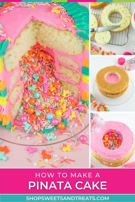 Candy Filled Cake, Piniata Cake, Pinata Cake Recipe, Volcano Cake, Sprinkles Birthday Cake, 10 Birthday Cake, Pinata Cake, Surprise Cake, Vanilla Cake Recipe