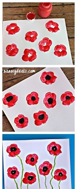 1) Finger Print Poppy Painting Paper, red, green and black paint and some willing fingers! 2) Paint a poppy.   Use sponges, potato sta... Remembrance Day Crafts, Thumb Painting, Mothersday Gifts Diy, Remembrance Day Art, Crafty Morning, Fingerprint Art, Easy Art For Kids, Thumb Prints, Poppy Art