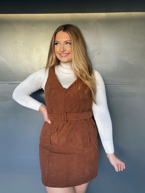 Sabrina Corduroy Belted Mini Dress - Brown Curdoroy Dress Outfits, Courdory Dress Outfit, Curdoroy Dress, Corduroy Dress Outfit, Corduroy Overall, Corduroy Overall Dress, Gameday Dress, Fall Styles, Timeless Dress