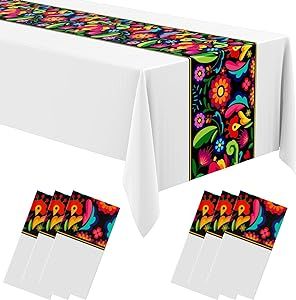 Oudain 6 Pcs Fiesta Tablecloth 108 x 54 Inch Plastic Tablecover Mexican Waterproof Tablecloth Disposable Table Cover for Taco Night Festive Mexican Fiesta Wedding Party Decoration (White) Mexican Fiesta Wedding, Mexican Tablecloth, Multiple Tables, Mexican Cake, Mexican Bridal Showers, Mexican Table Runner, Fiesta Wedding, Mexican Theme, Waterproof Tablecloth